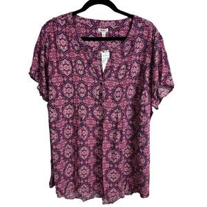 Westport Women's Top Blouse Size 3X Pink Print Short Sleeves NEW
